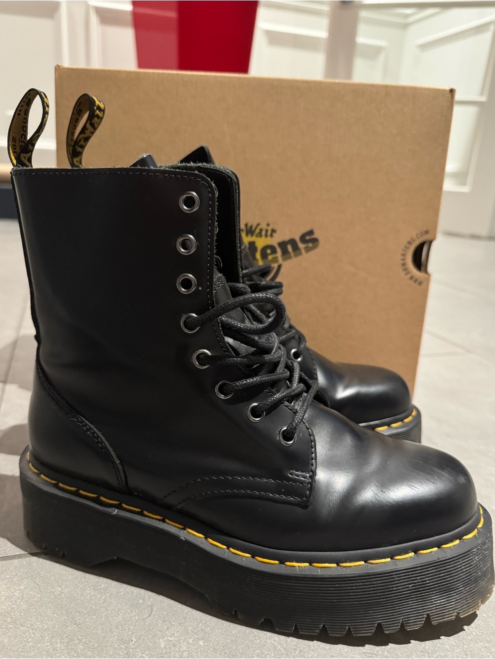 Dr. Martens Black Leather Lace-Up Platform Boots with Yellow Stitching
